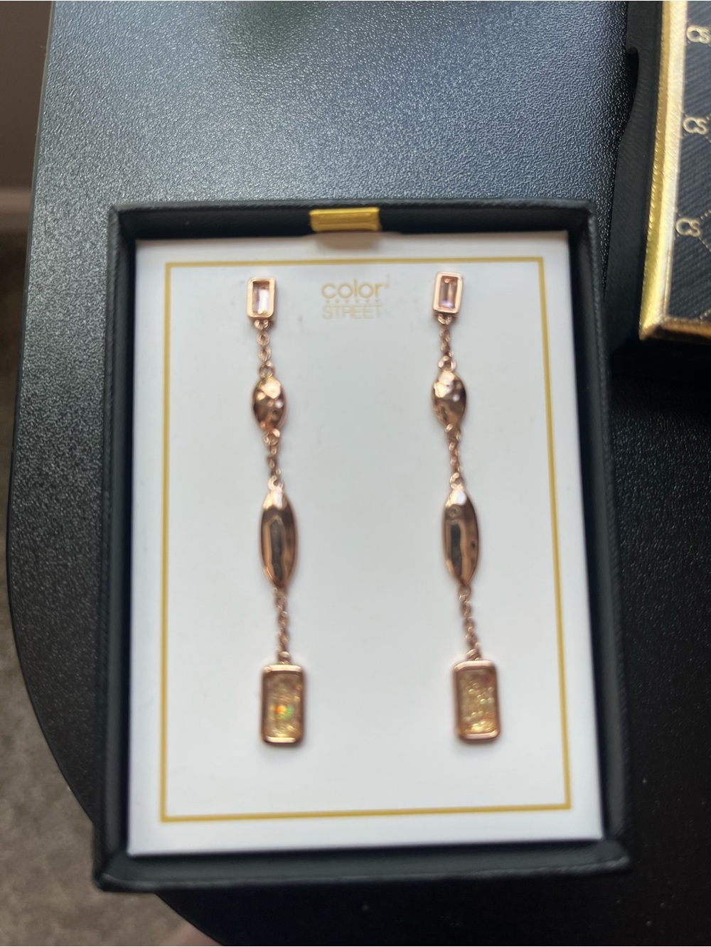 Color Street Rose Gold Dangle Chain Earrings with Rectangular Crystals
